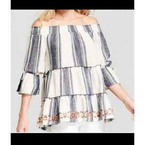 Knox Rose Medium Linen Blend stripe off shoulder blouse